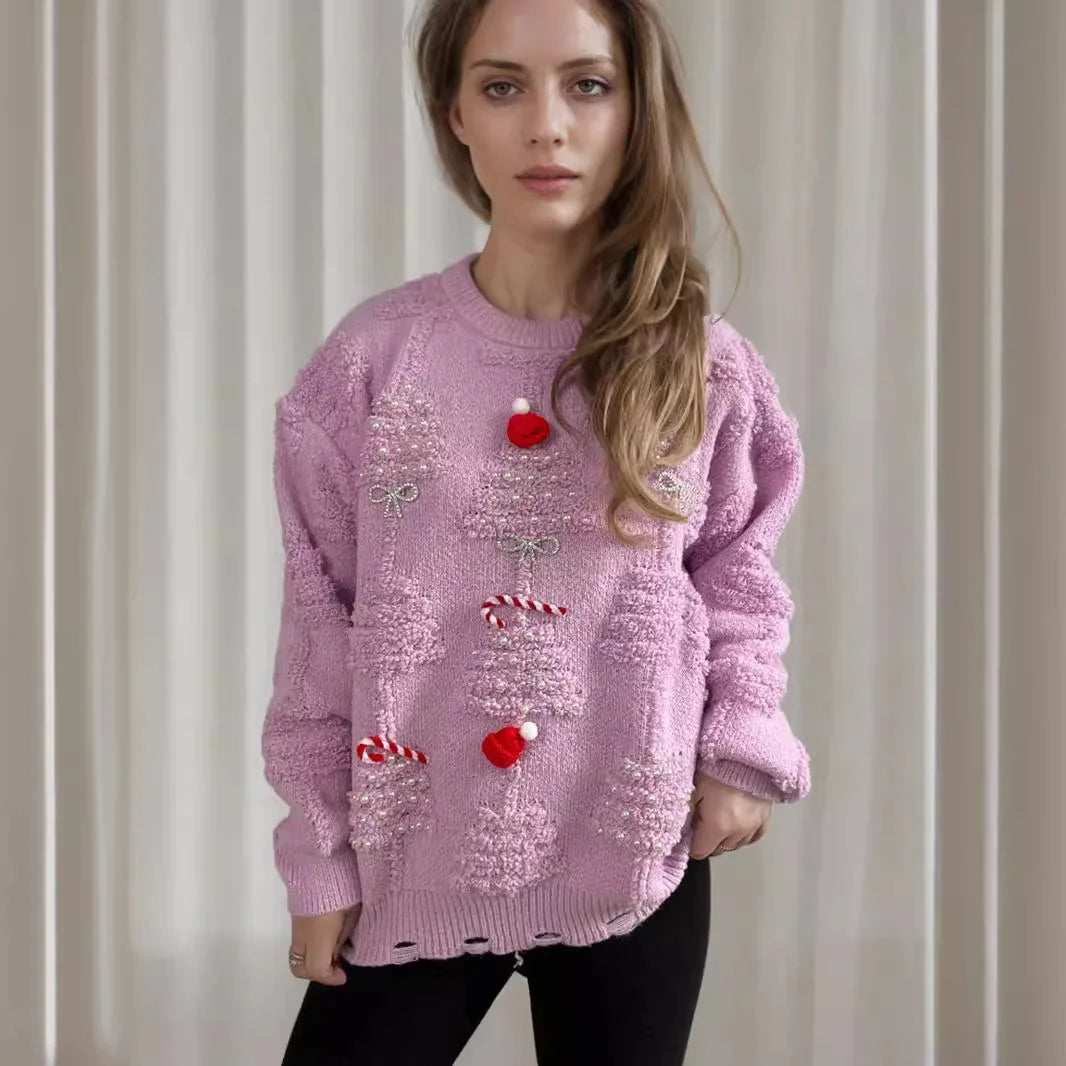 Handmade Pearl Diamond Trims Christmas Sweater Plush New Year Red Pullover Sweaters for Women Towel Embroidery
