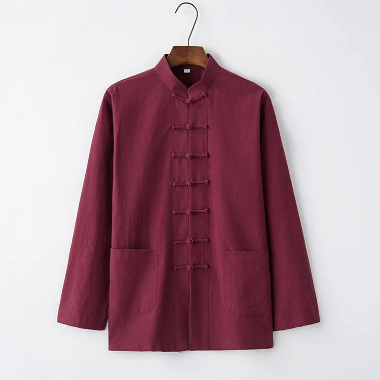 Traditional Chinese Style New Year Hanfu Men Tops Kung Fu Solid Linen Tai Chi Wushu Outfit Vintage China Shirt Clothing