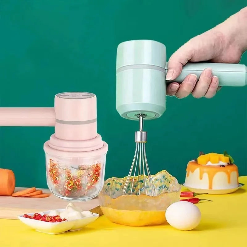 USB Rechargeable 3-in-1 Mini Portable Electric Kitchen Hand Mixer Wireless Garlic Chopper Cordless Whisk for Car Cordless