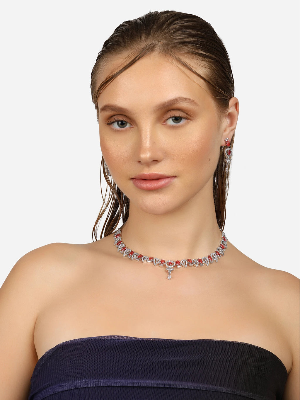 Luxury Custom-shaped Zircon Bridal Jewelry Set Rhodium Plated Earrings Necklace Women Classic Hot Selling Wedding Party Gift