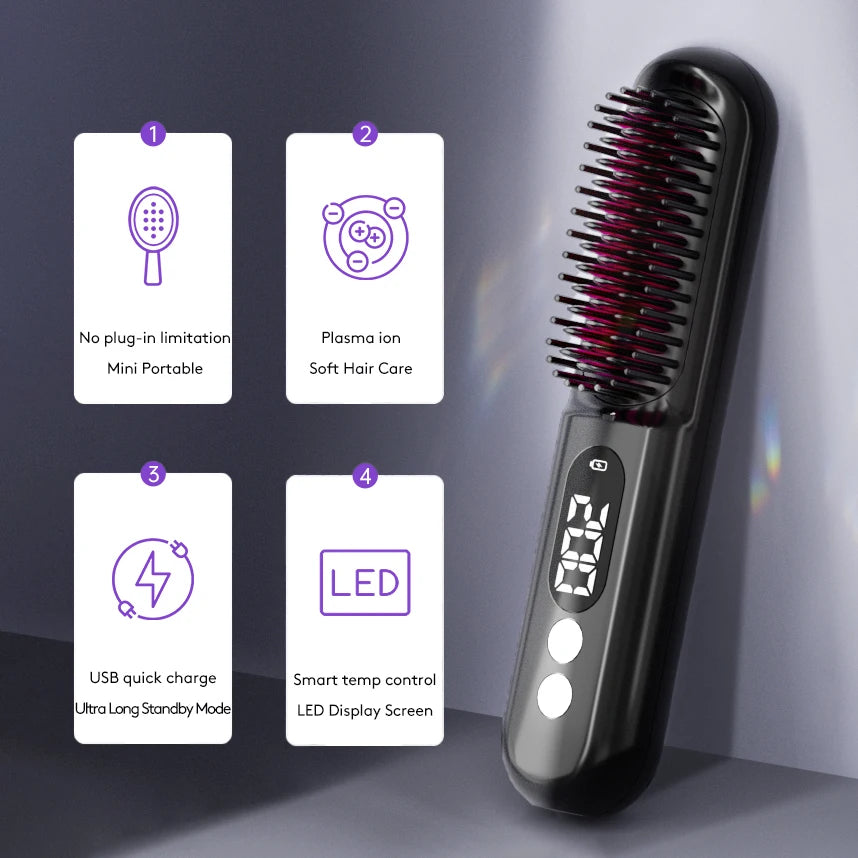 Portable Electric Hair Brushes USB Rechargeable Wireless Negative Ion Hot Comb Electric Mini Hair Straightener Comb for Women