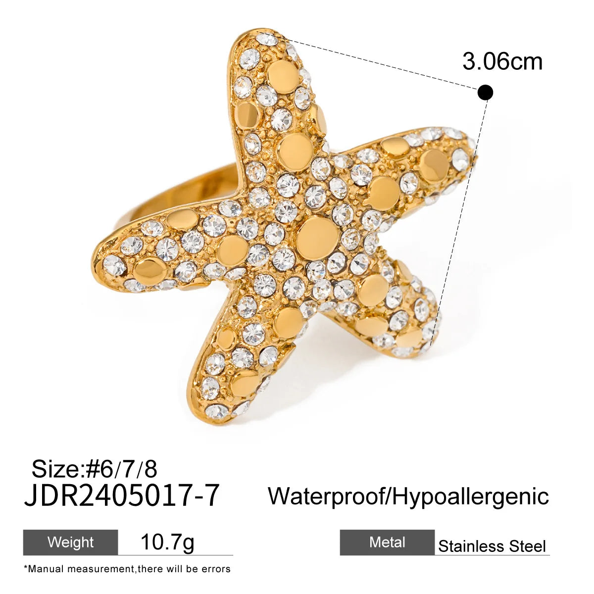 New Luxury Summer Design Waterproof Ring Stainless Steel 18K Gold Starfish Rings