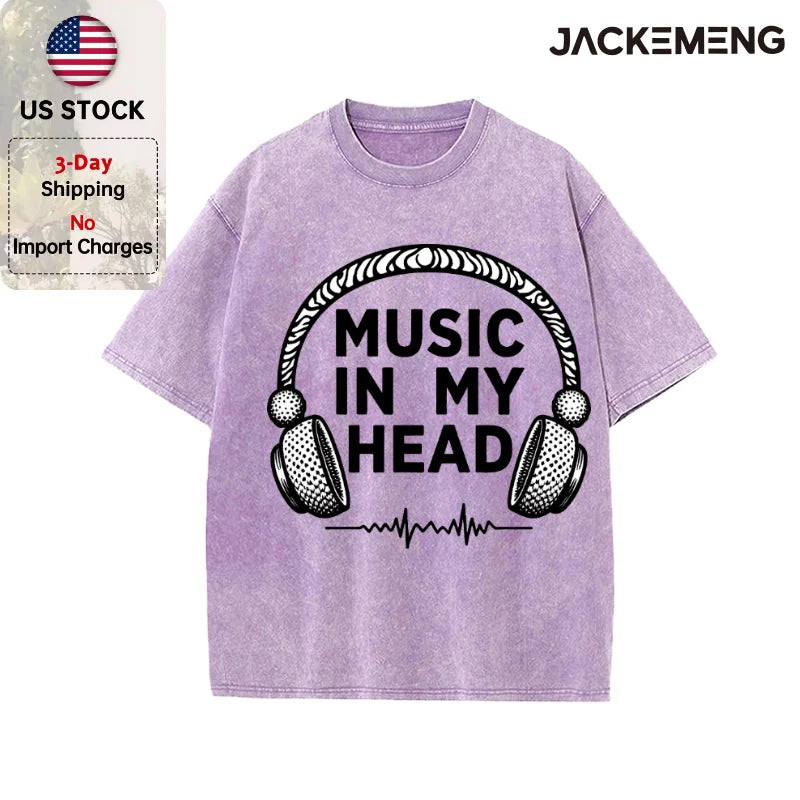 Oversized Washed Retro Music Headphone Streetwear Print Tshirt USA Stock Wholesale Y2K Casual Tee