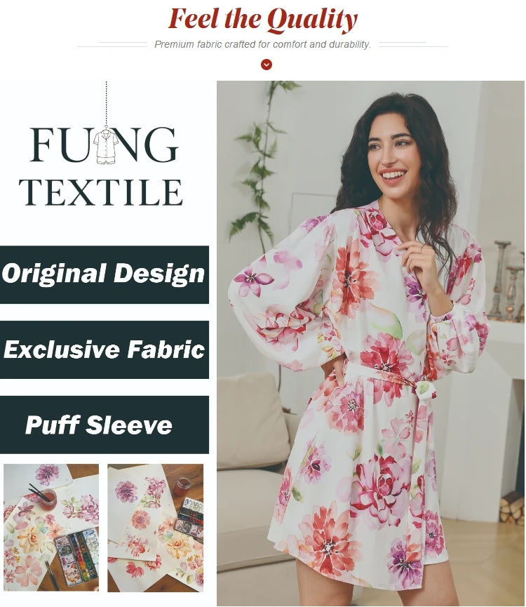 FUNG 8008 Bridal Prep Floral Satin Robe, Puff Sleeve Cooling Loungewear for Bridesmaids