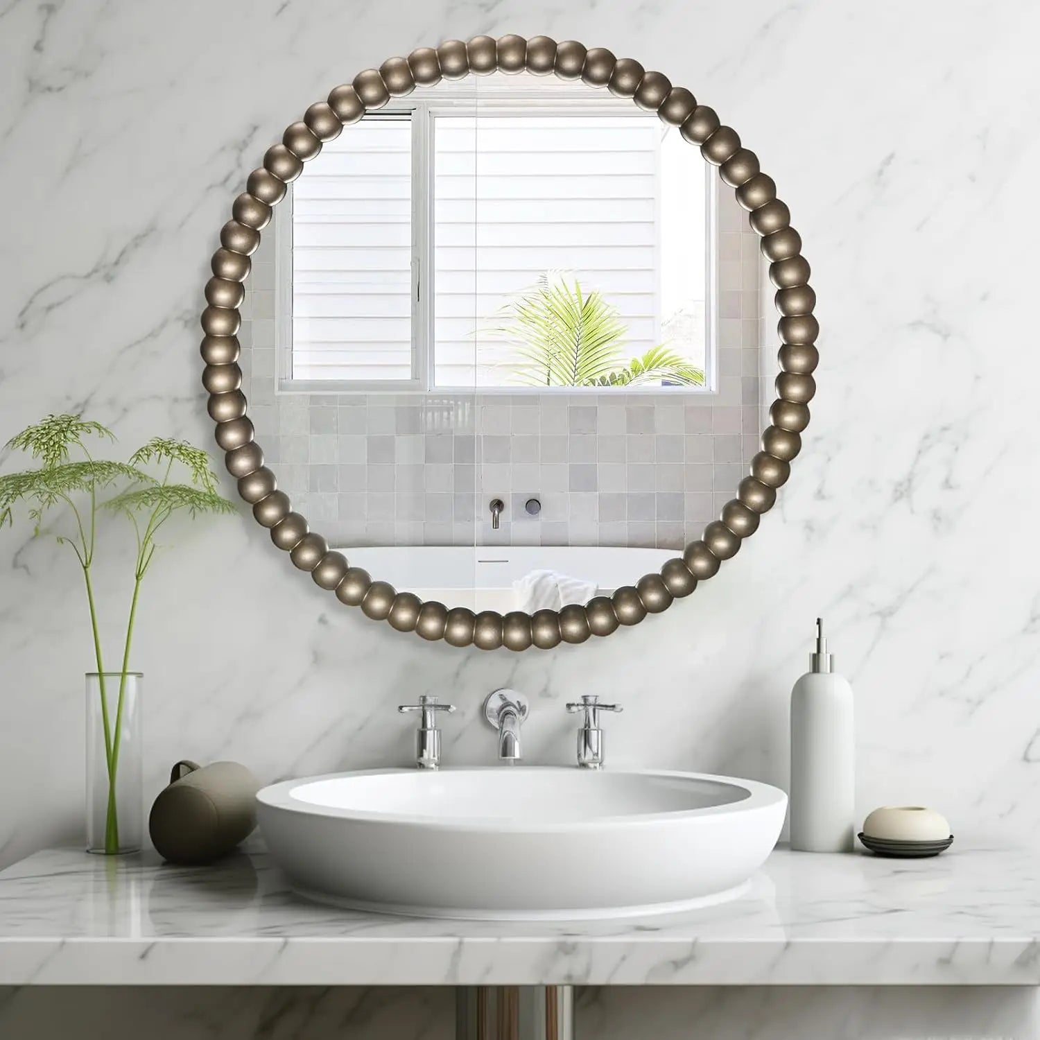 WallBeyond 1-Piece 28-Inch Round Wood Silver Bead Mirror Retro Style Framed Wall Mount Decor for Home Entryway Living