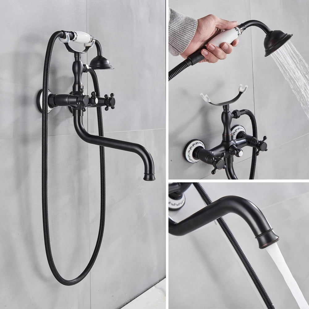 Telephone Style Golden Waterfall Bathtub Faucet Bathroom Brass Bath Faucets Waterfall Rotatb Spout Hot&Cold water Shower tap set