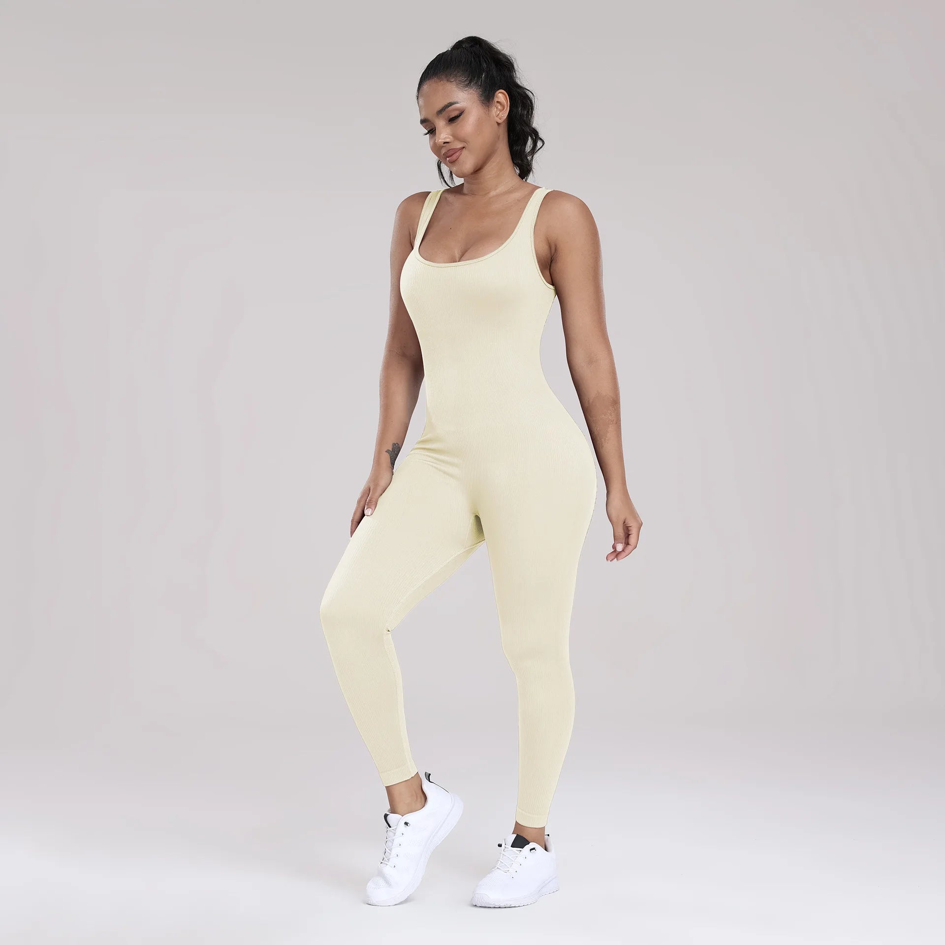 Women's High-Waist Yoga Jumpsuits Ribbed Workout Bodysuits with Sleeveless Sports Bra Knitted Fitness Rompers