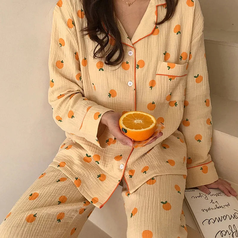 Kawaii Cotton Home Suit Korean Sleepwear Orange Print Pajamas Women Autumn Pijama Pyjamas Long Sleeve Pants 2piece Set Nightwear