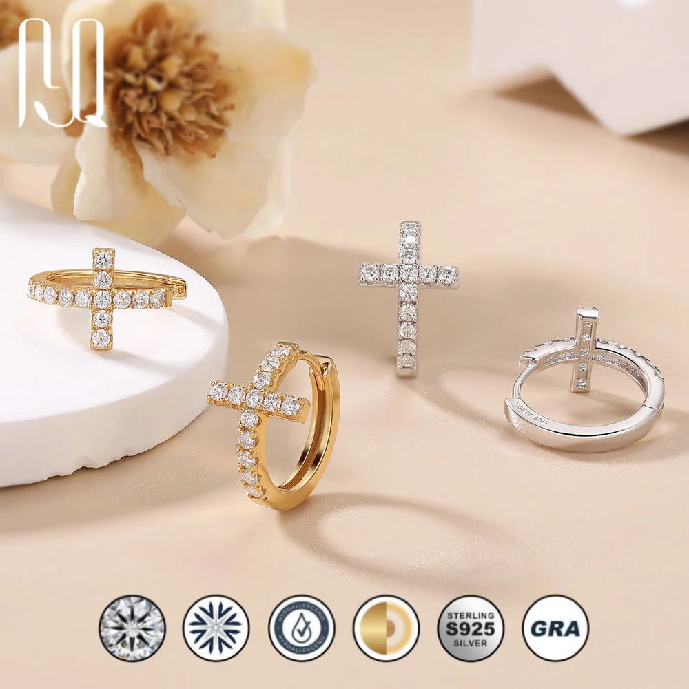 Unique 0.442 Carat Moissanite Accented Cross Ear Jackets, S925 Silver 18K Gold Plated Luxe Hoops, Drop Shipping