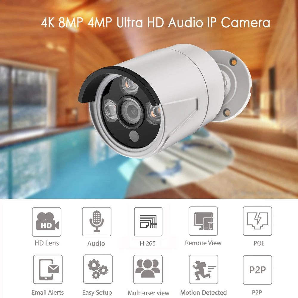 AZISHN 2.8mm Wide Angle 8MP 4K IP Camera Audio Outdoor IP66 H.265 ONVLF Bullet CCTV Array IR 4MP POE Video Surveillance Camera