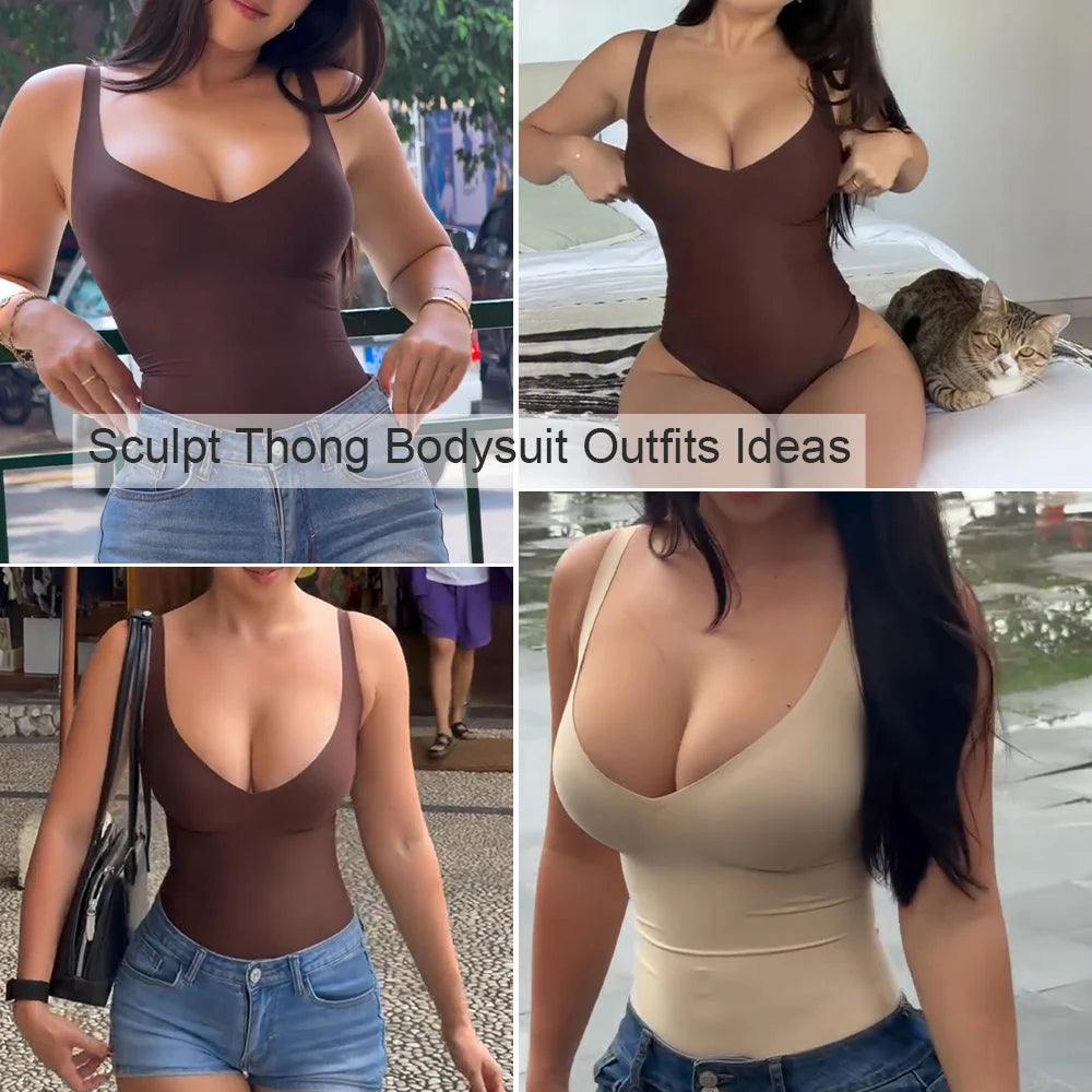 DropShip Tiktok Hot Selling Invisible Unlined Sculpt Thong Bodysuit Shapewear Snatch Waist Tummy Control Sexy V Neck Body Shaper