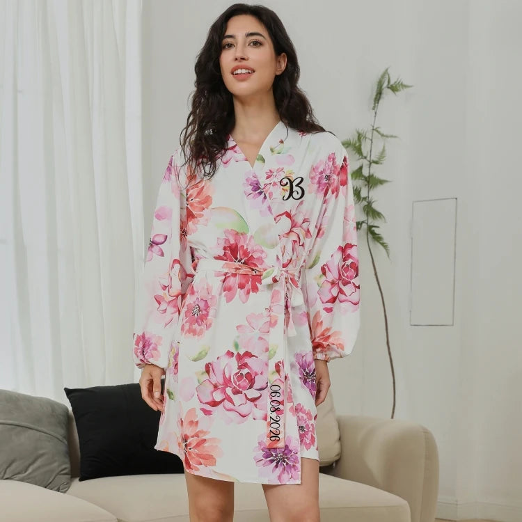 FUNG 8008 Watercolor Floral Bridesmaid Satin Robe, Puff Sleeve Bachelorette Party Kimono