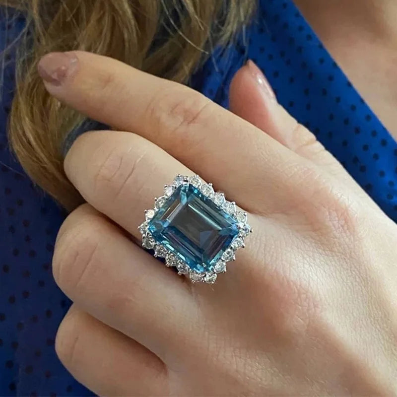 Women's Party Cocktail Ring Gemstones Natural Aquamarine Emerald Cut Pave Setting Glam Fashion Geometric Design