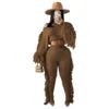 2025 Fall Winter Plus Size Women Clothing Long Sleeve Crop Top Two Piece Pants Set Drawstring Tassel Fringe Pants 2 Piece Set