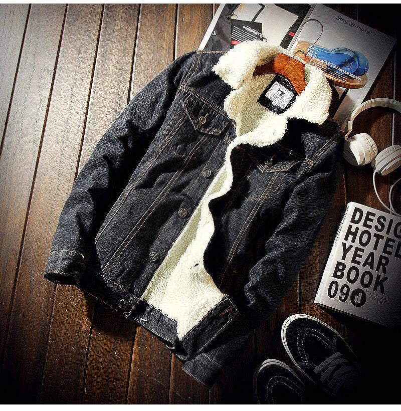 Men's Winter Warm Berber Fleece Denim Jacket Slim Fit Thicken Coat Outerwear Black Blue