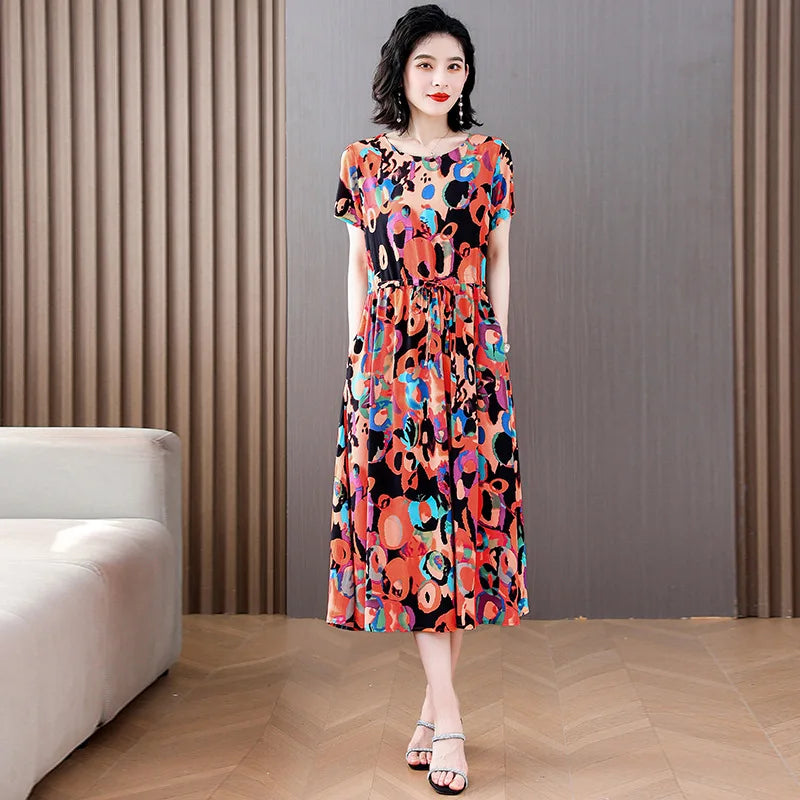 Women Floral Printed Summer Dresses O-neck Short Sleeve Fashion Printing Women's Simple Flower A-line Casual Dress