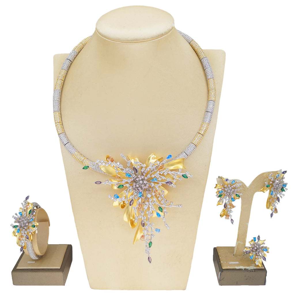 Yulaili Simple Two Tone American Colorful Zirconia Jewelry Set Charm Necklace Bracelet Earrings Ring Four Pieces Set for Wedding