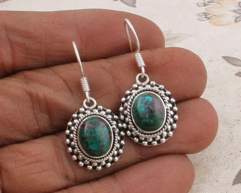 Vintage Men's Women's 925 Sterling Silver Hoop Earrings with Green Bloodstone Gemstones Alternative Gift for Easter or Birthdays