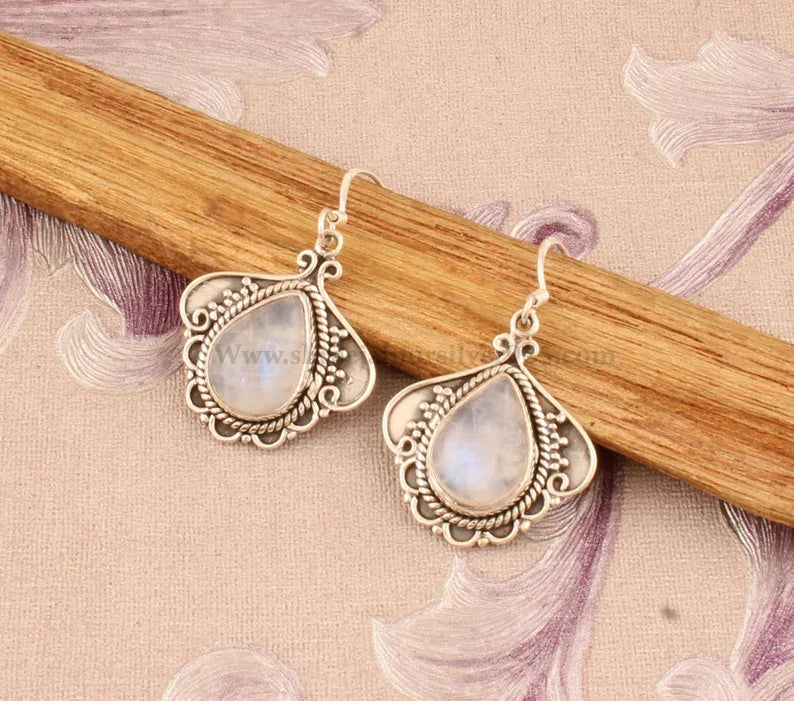 Rainbow Moonstone Solid 925 Sterling Silver Handmade Pear Stone Indian Earrings For Wedding Anniversary