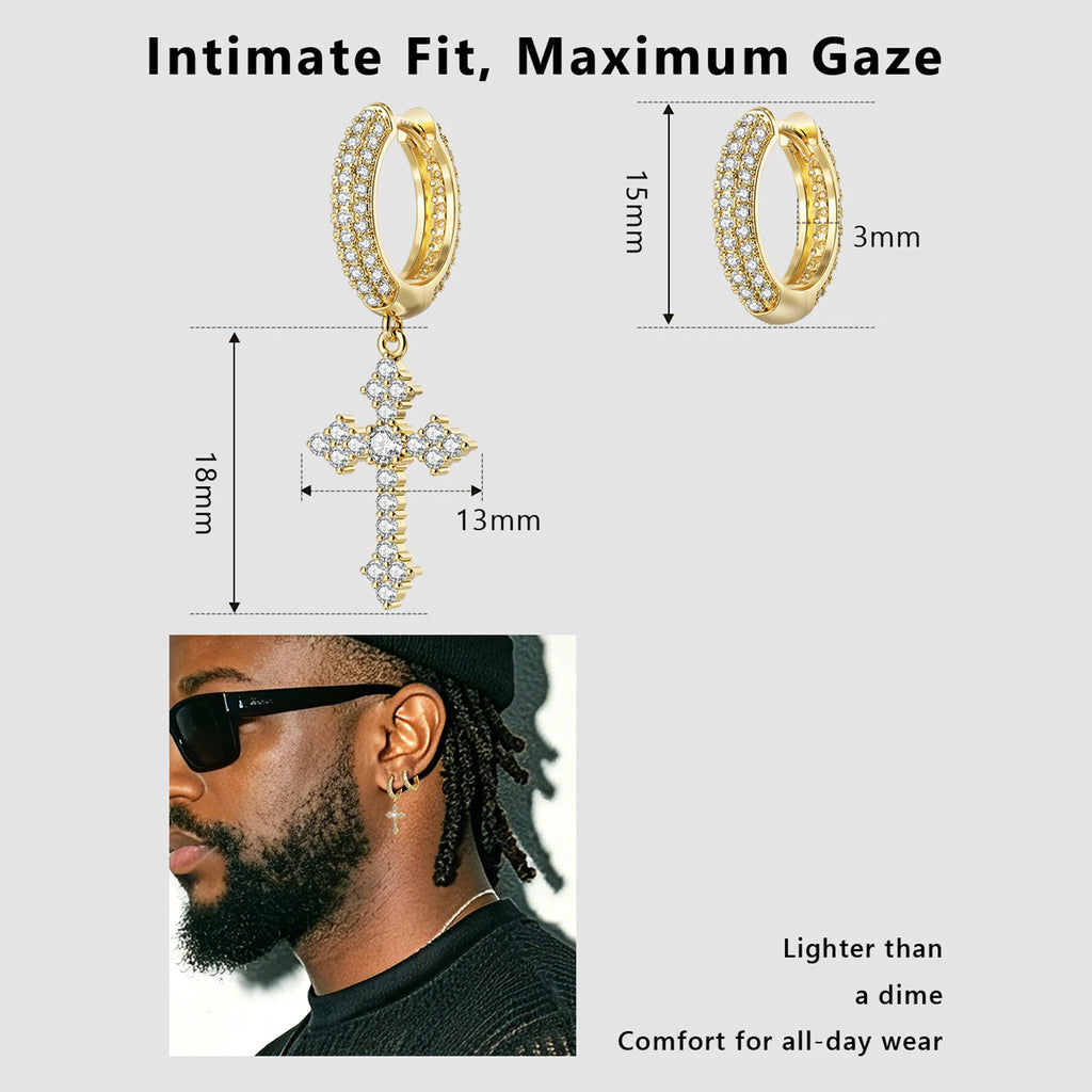 14K Gold Plated Dangle Cross Earring 925 Sterling Silver Women Men Birthday Gift CHRISTIAN 5A CZ Cubic Zirconia Hoop Earring