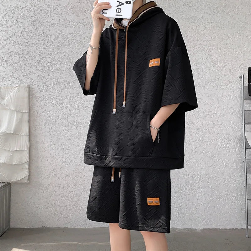 Support Customization of One Item Summer Short Sleeved Hooded T-shirt Set, Casual and Trendy Plus Size Men's Two-piece Set