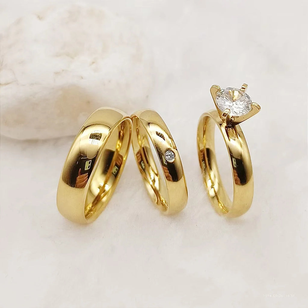 European Jewelry Luxury Alliances Bridal Set Golden Titanium Rings Western Promise Wedding Engagement Rings Couples