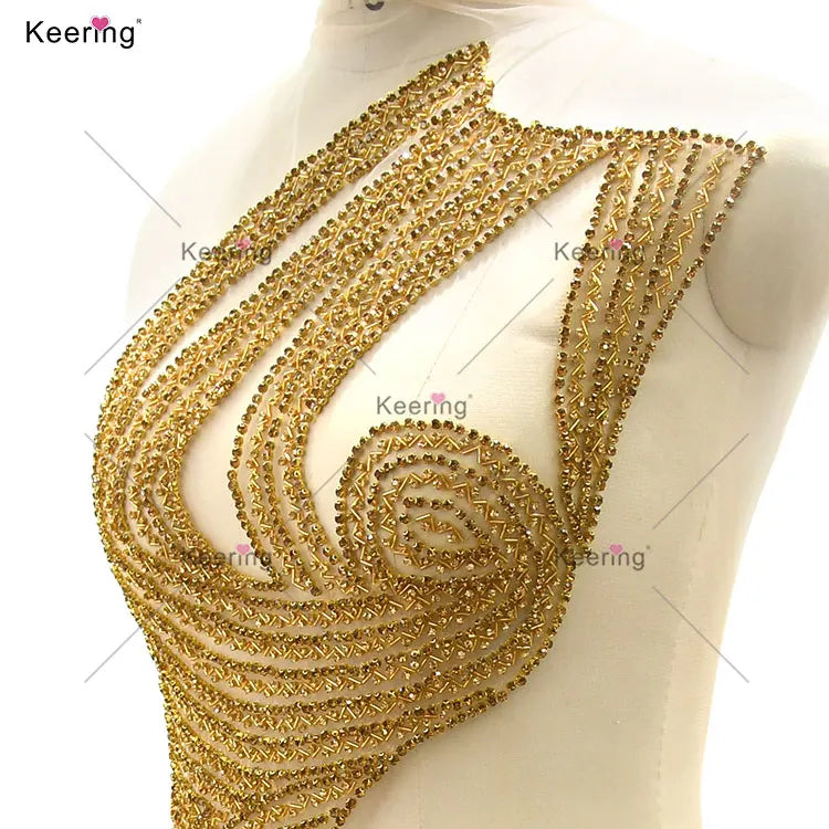 Custom Gold Crystal Rhinestone Applique Tailor Handmade Sewing Accessories for Wedding Gown WDP-516
