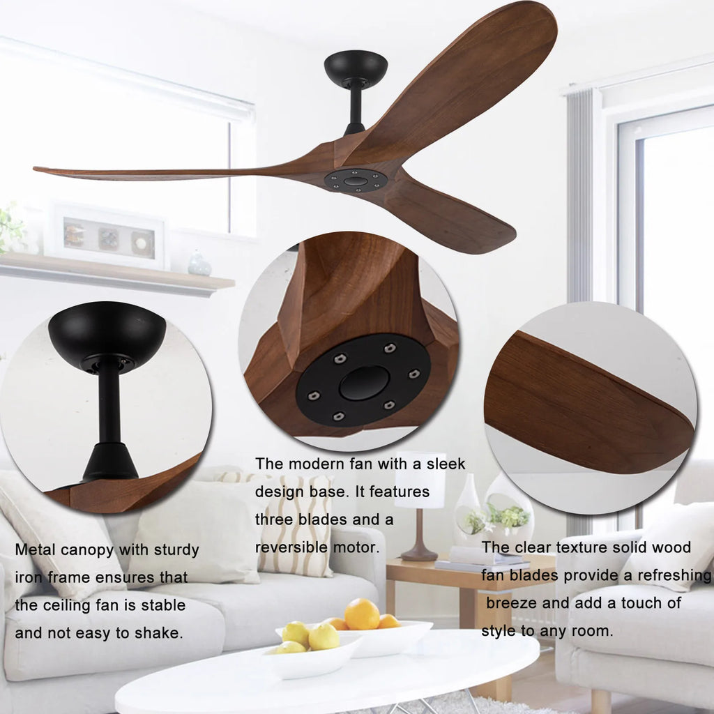 Nordic Hot Sale Modern 60" 3 High End Solid Wooden Wood Blades Remote DC Forward Reverse Motor Function Ceiling Fan No Light