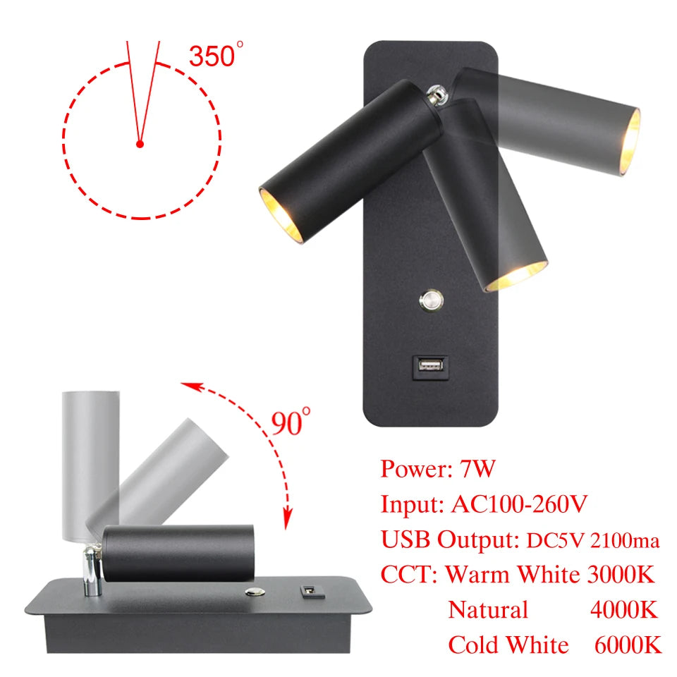 Indoor LED Wall Lamp 7W with USB Charge Wall Lamp Bedroom Living Room Nordic Modern Wall Light Aisle with Switch Wall Sconce