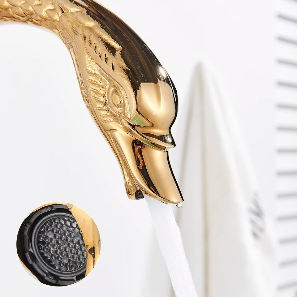 Luxury Gold Swan Basin Faucet Deck Mounted Bathroom Faucet Hot and Cold Water Mixer Tap Bath Water Faucet Basin Sink Taps