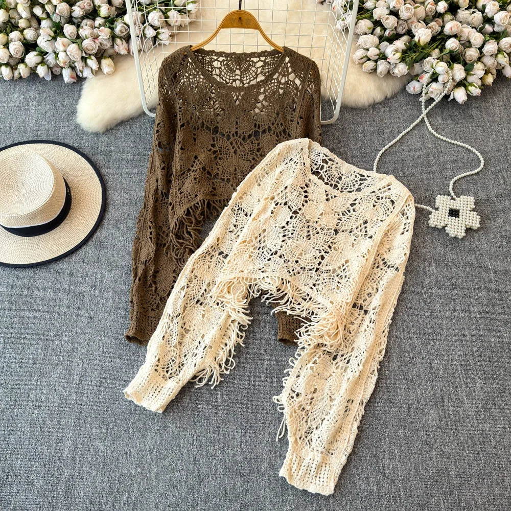 Women's Grey Embellished Beaded Ripped Sweater | Autumn/Winter 2025 Fashion | Irregular Knit French Cinched Waist Top