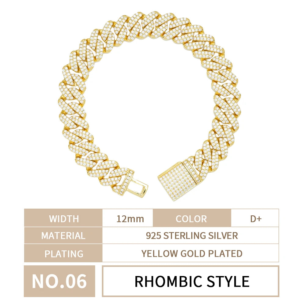 Premium Quality 925 Sterling Silver Hip Hop Style Fashion Jewelry Full Iced Out Moissanite Diamond Cuban Link Chain Bracelet