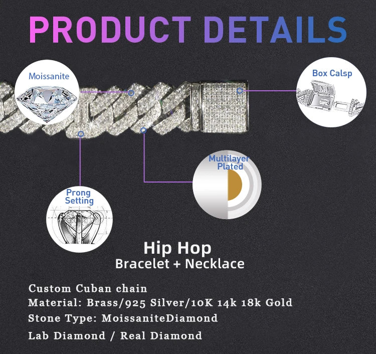 Factory Wholesale Hip Hop 925 Silver 15mm Chain Baguette Moissanite Tow Tones Bracelets Custom Cuban Link Men Jewelry