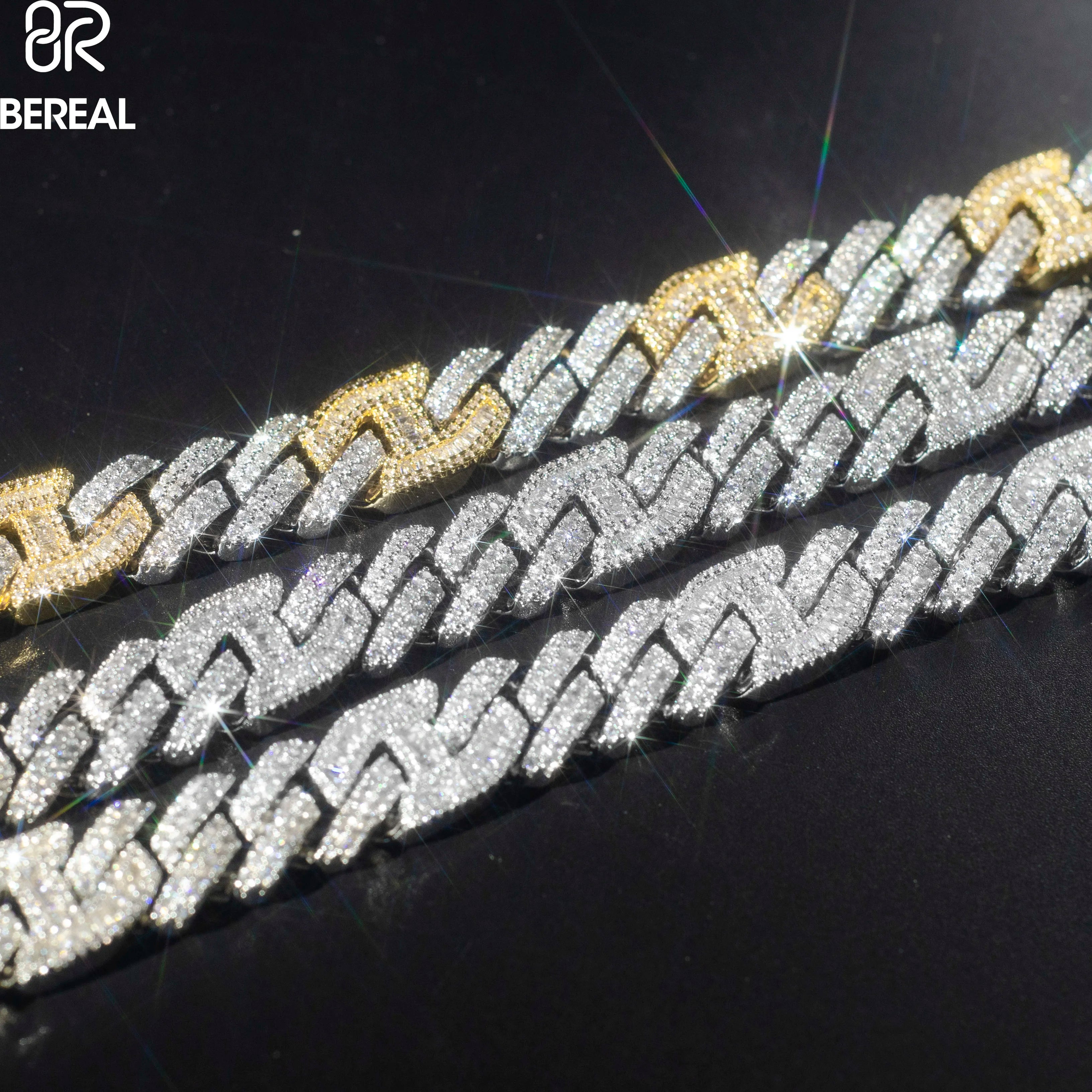 Factory Wholesale Hip Hop 925 Silver 15mm Chain Baguette Moissanite Tow Tones Bracelets Custom Cuban Link Men Jewelry