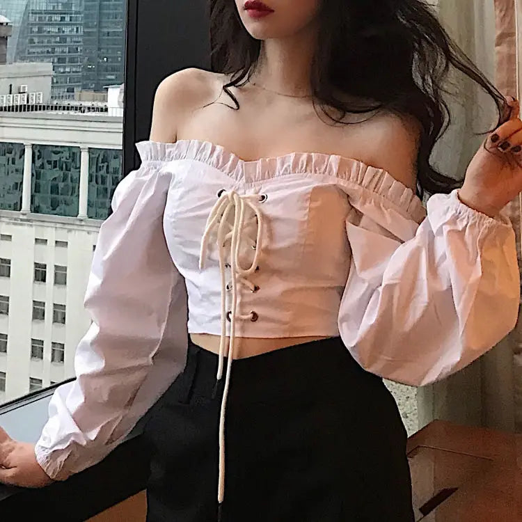 Womens Off Shoulder Top Long Sleeve Ruffle Vintage Blouse With Puff Sleeves Lace up Ladies Tops Bandage Crop Tops