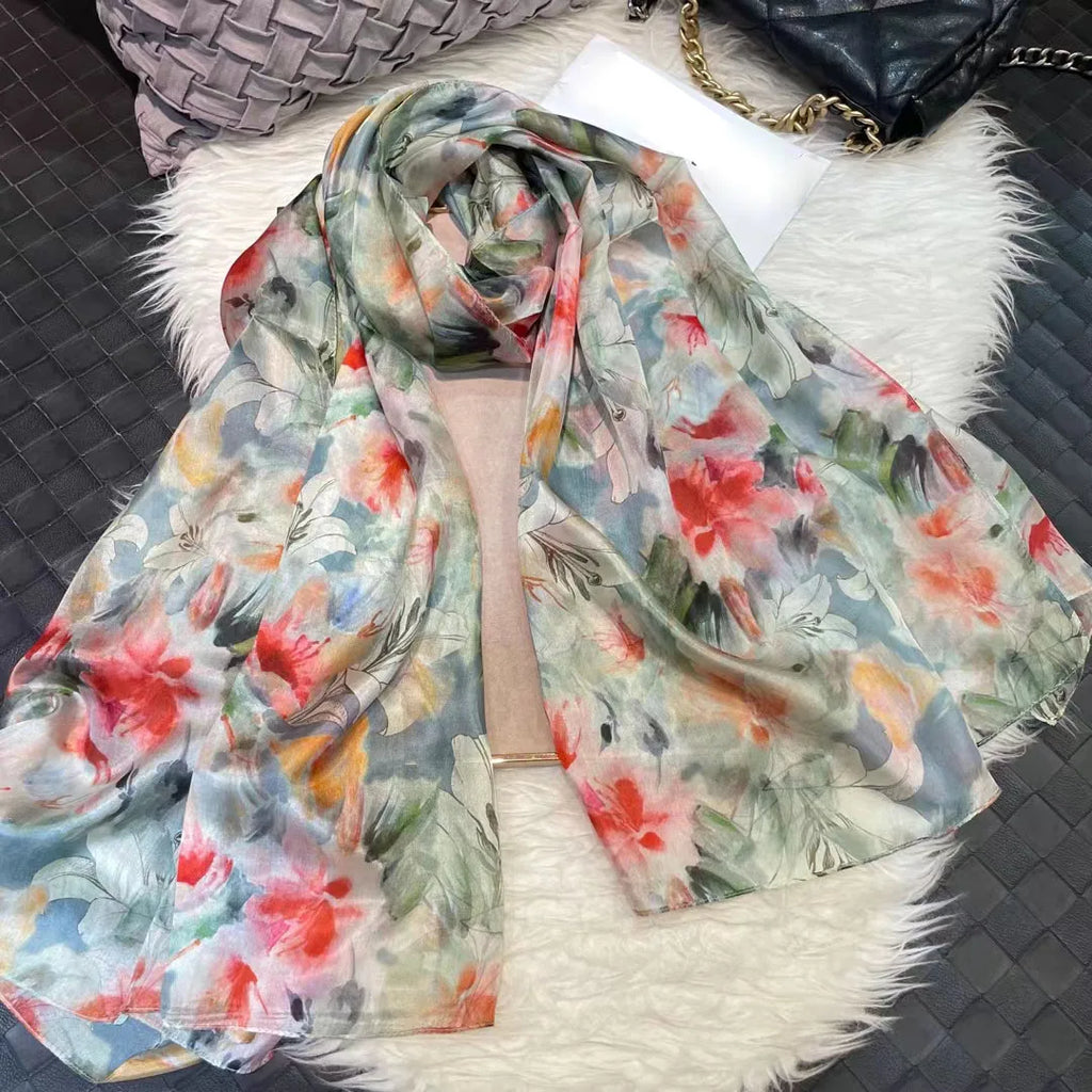 BYSIFA| Ultralarge Spring Fall 100% Mulberry Silk Scarf Beach Wrap Brand Female Long Scarves New Red Floral Silk Scarf Shawl