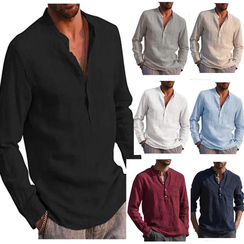 Men's Cotton Linen Casual Long Sleeve T-Shirt Plus Size Stand Collar Streetwear for Autumn Vacation & Fishing Pocket Detail