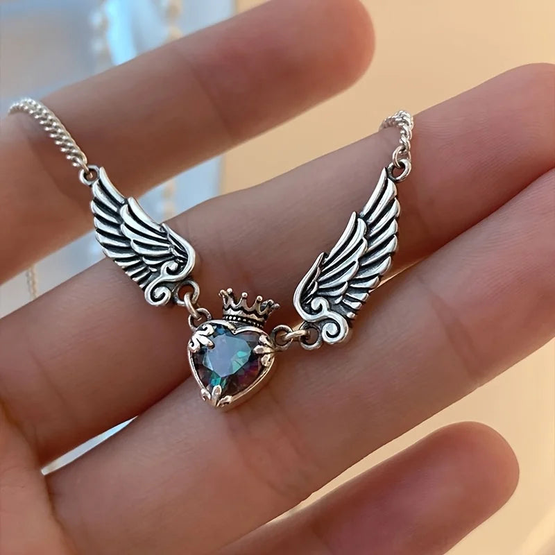 Minimalist Crown & Wing Pendant Sweater Necklace - Unisex Luxury Design With Heart Detail Artificial Crystal