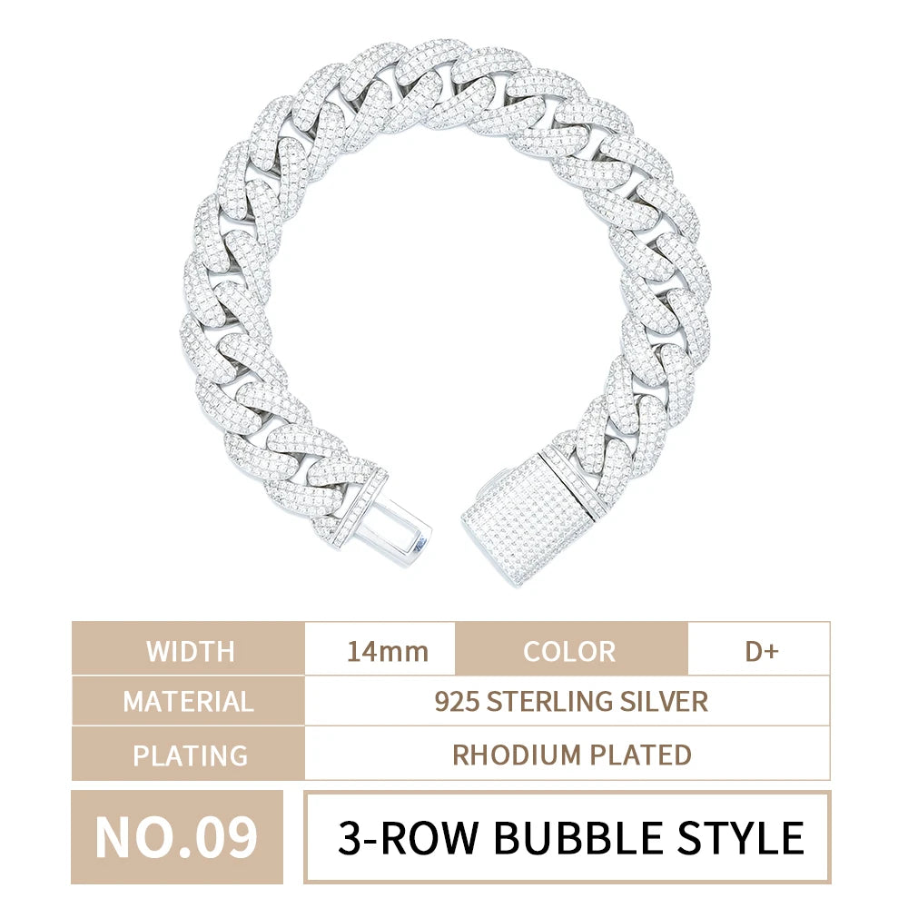 HipHop Iced Shiny Diamond Moissanite Rhodium Plated 925 Sterling Silver VVS. DEF Cuban Bracelet Party Jewelry for Men