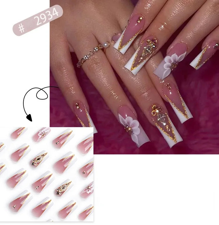 Dropshipping 24 Pcs French Style Romantic Art Acrylic Press on Nails Artificial Fingernails Candy False Nails Dating  Party 2792