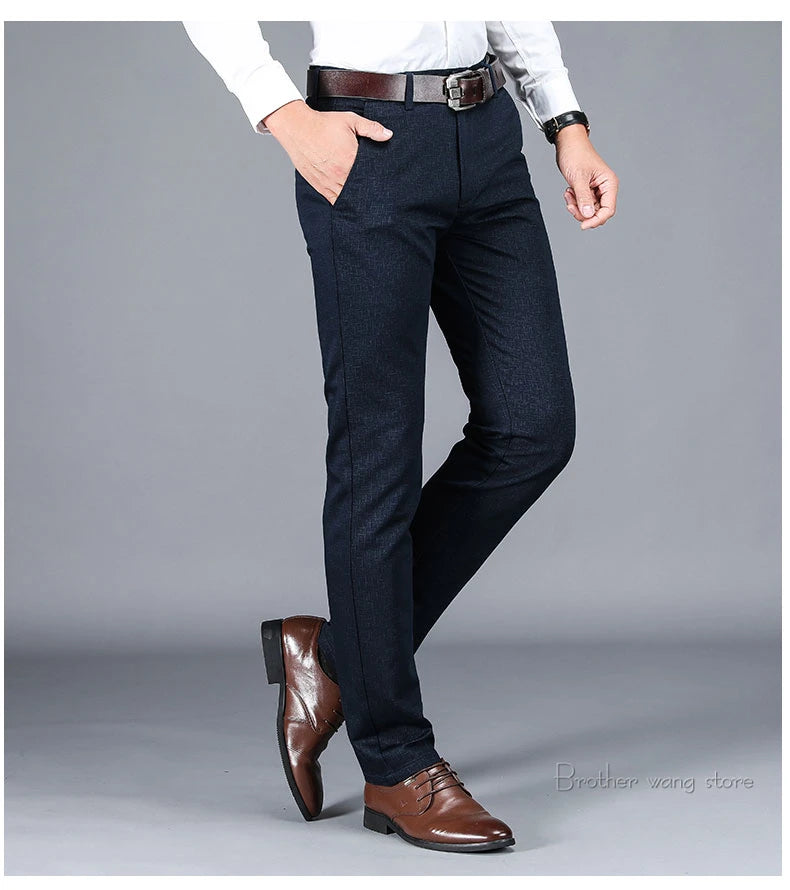 Winter New Men's Warm Casual Pants Business Fashion Fleece Thick Plaid Trousers Office Stretch Pants Male Brand Clothing