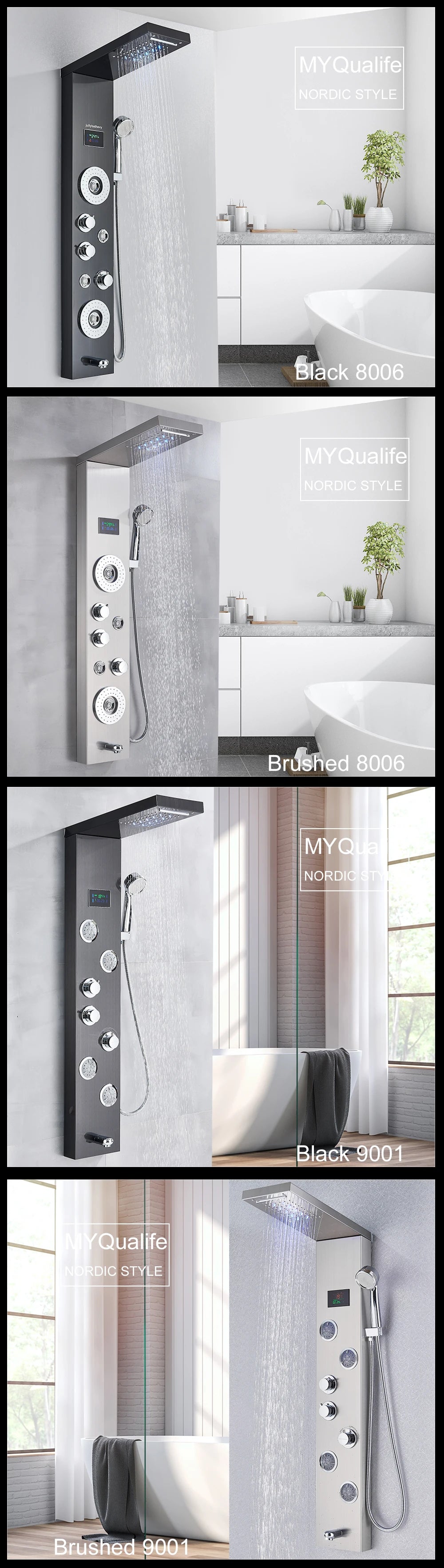 LED Shower Panel Waterfall Rain Digital Display Shower Faucet Set SPA Massage Jet Bathroom Column Mixer Tap Tower System