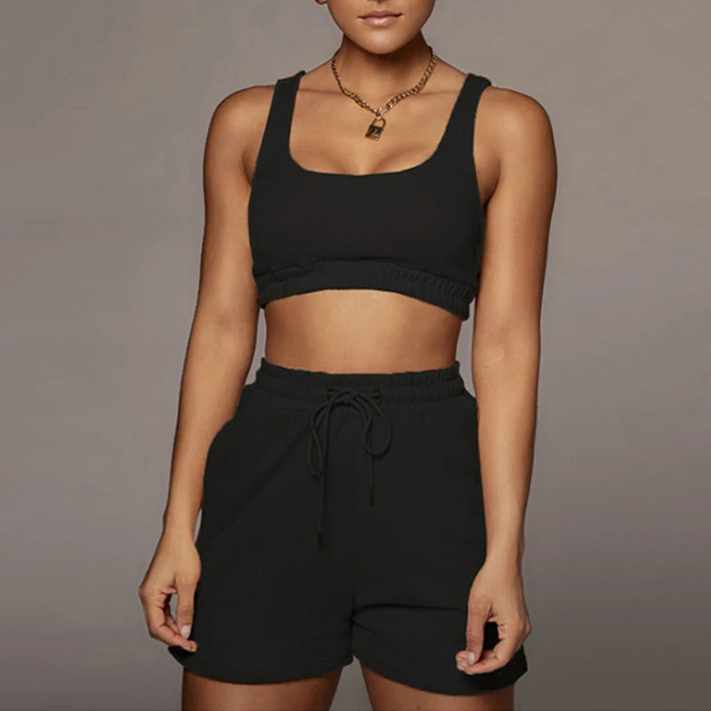 Crop Tops And Drawstring Shorts Set Sexy U-Neck Fitness Tank Top Summer Athleisure Biker Shorts Two Piece Sets Women Streetwear