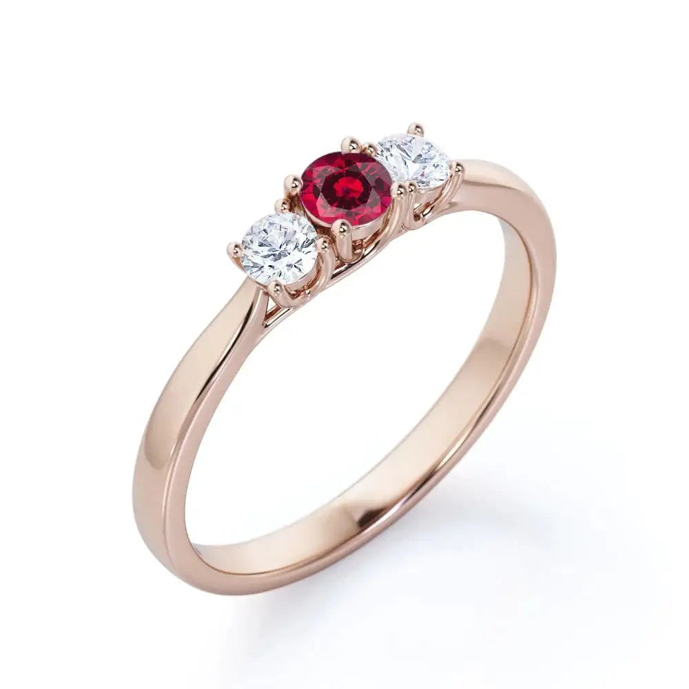 925 Sterling Silver Rhodium Plated Lab Created Ruby 0.7 Carat Cut Classic Three-Stone Certified Prong Set Engagement Ring