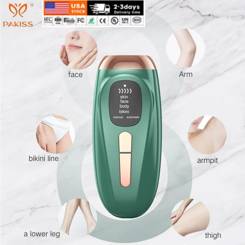 PAKISS USA Warehouse Stock 999,999 FlashesIPL Hair Removal Device, 5 Levels Painless Hair Remover for Face Body Bikini Line