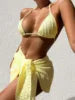 Bandage Halter Bikini Micro Ribbed Bikini 3 Pieces Set 2023 High Waist Swimsuit With Beach 3 Pieces Mesh Skirt