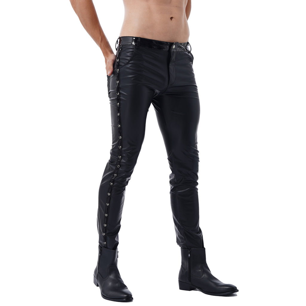 Men Latex Leather Pants Low Waist Faux Leather Shiny Pants Fashion Tight Trousers for Club Stage Show Rock Band Performance