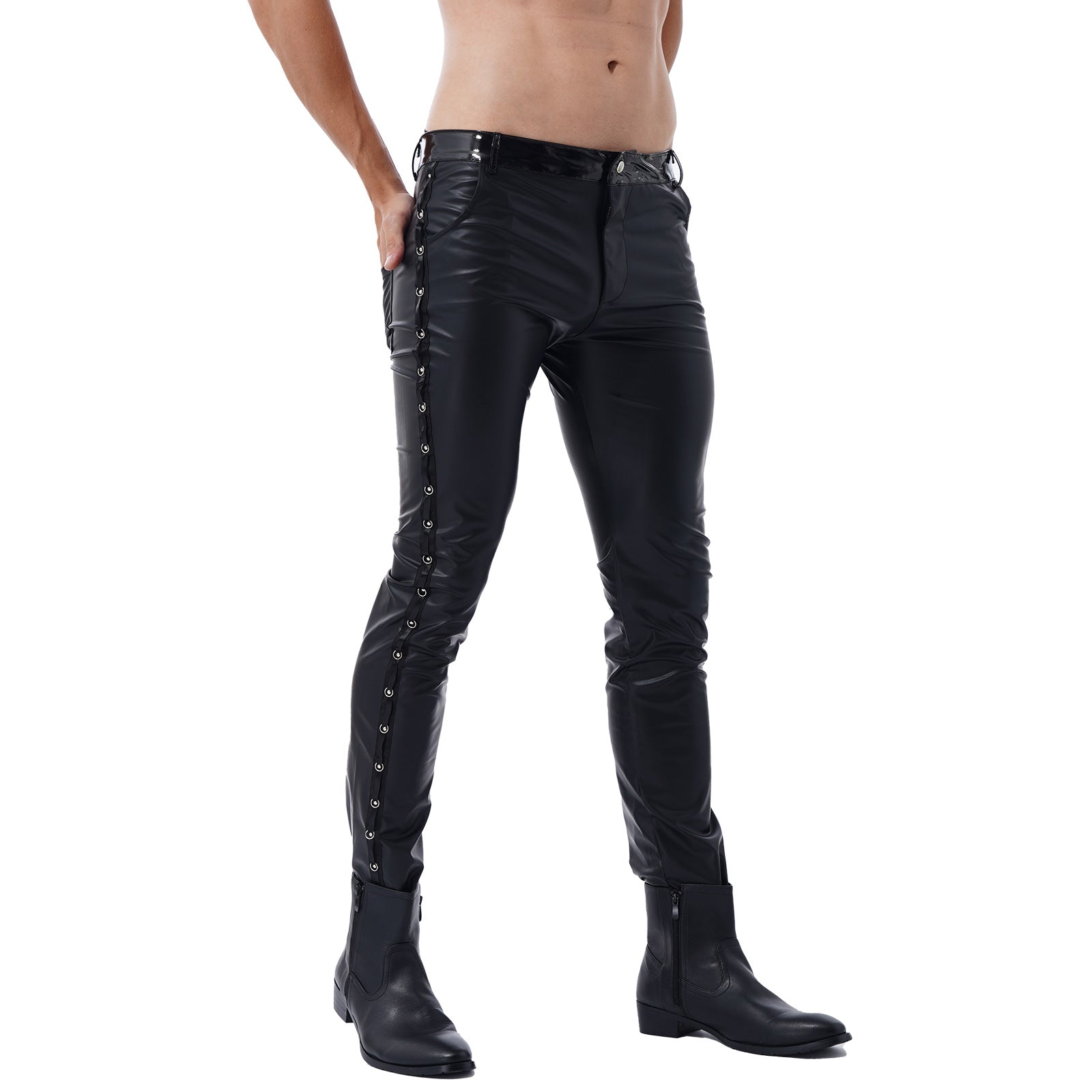 Men Latex Leather Pants Low Waist Faux Leather Shiny Pants Fashion Tight Trousers for Club Stage Show Rock Band Performance