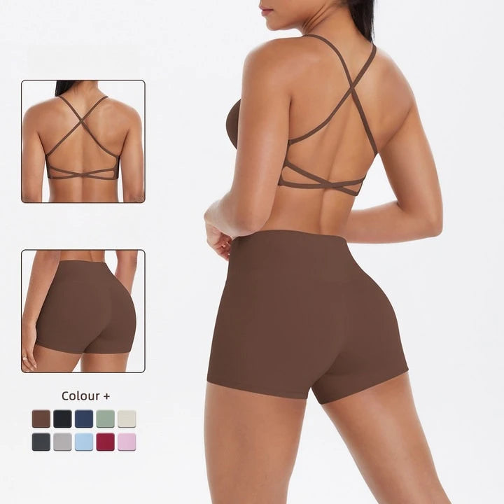 Support Custom Logo New Sports Bra Set Women Cross Back Padded Bra High Waist Butt Lifting Shorts Yoga Gym Running Activewear
