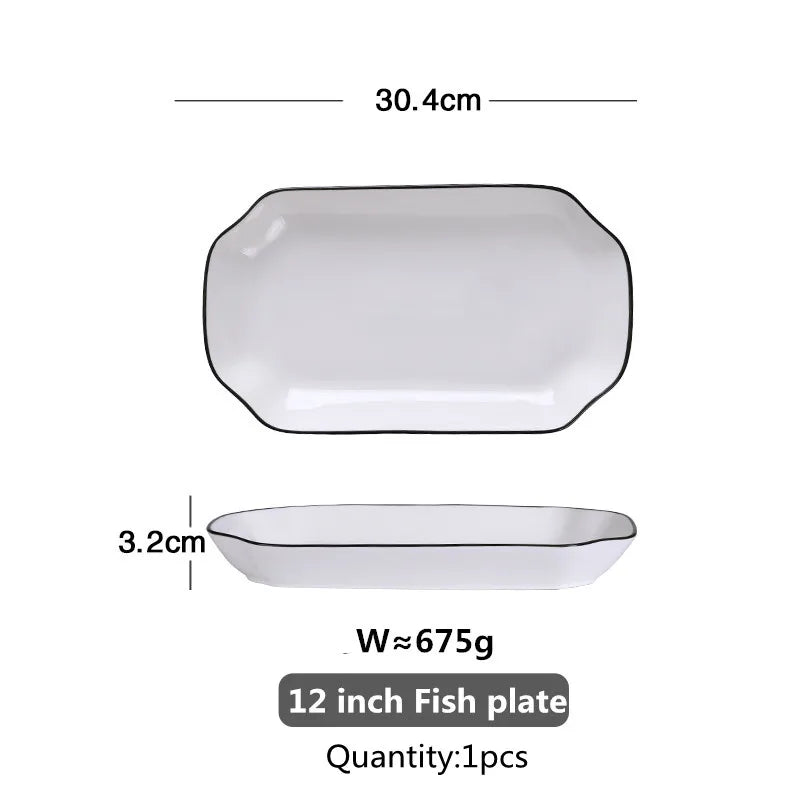 Black Rim White Ceramic Dinner Tray, Kitchen Plate, Tableware, Food Dishes, Soup Bowl,  Kitchen Cook Tool, 1 Piece Sale